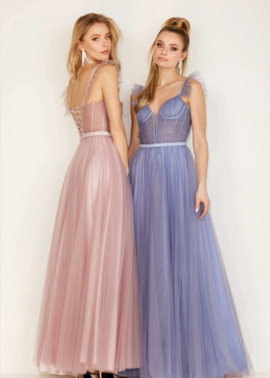 open lace back dress Cecilia Couture 2616 Long Crystal Prom Dress Corset V Neck Formal Even